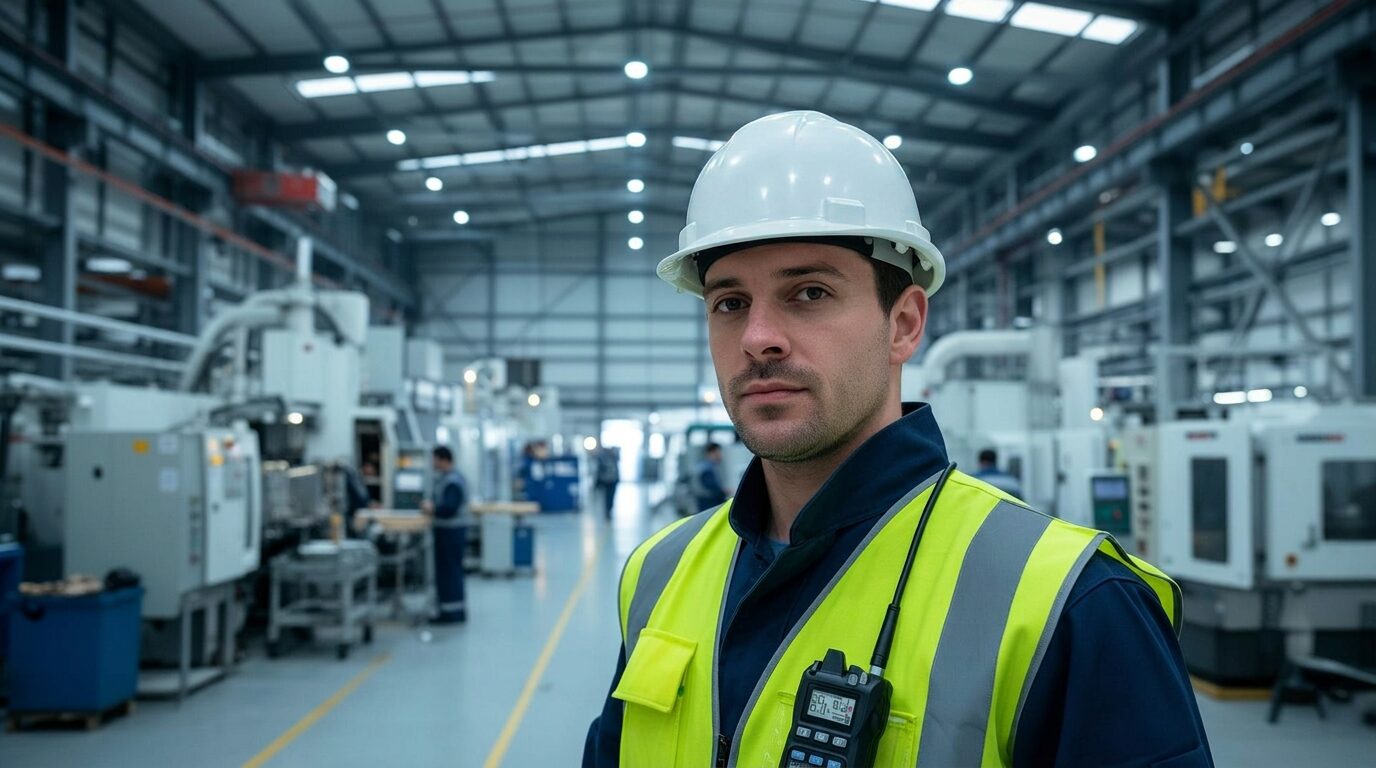 Occupational hygienist carrying out industrial air monitoring on site