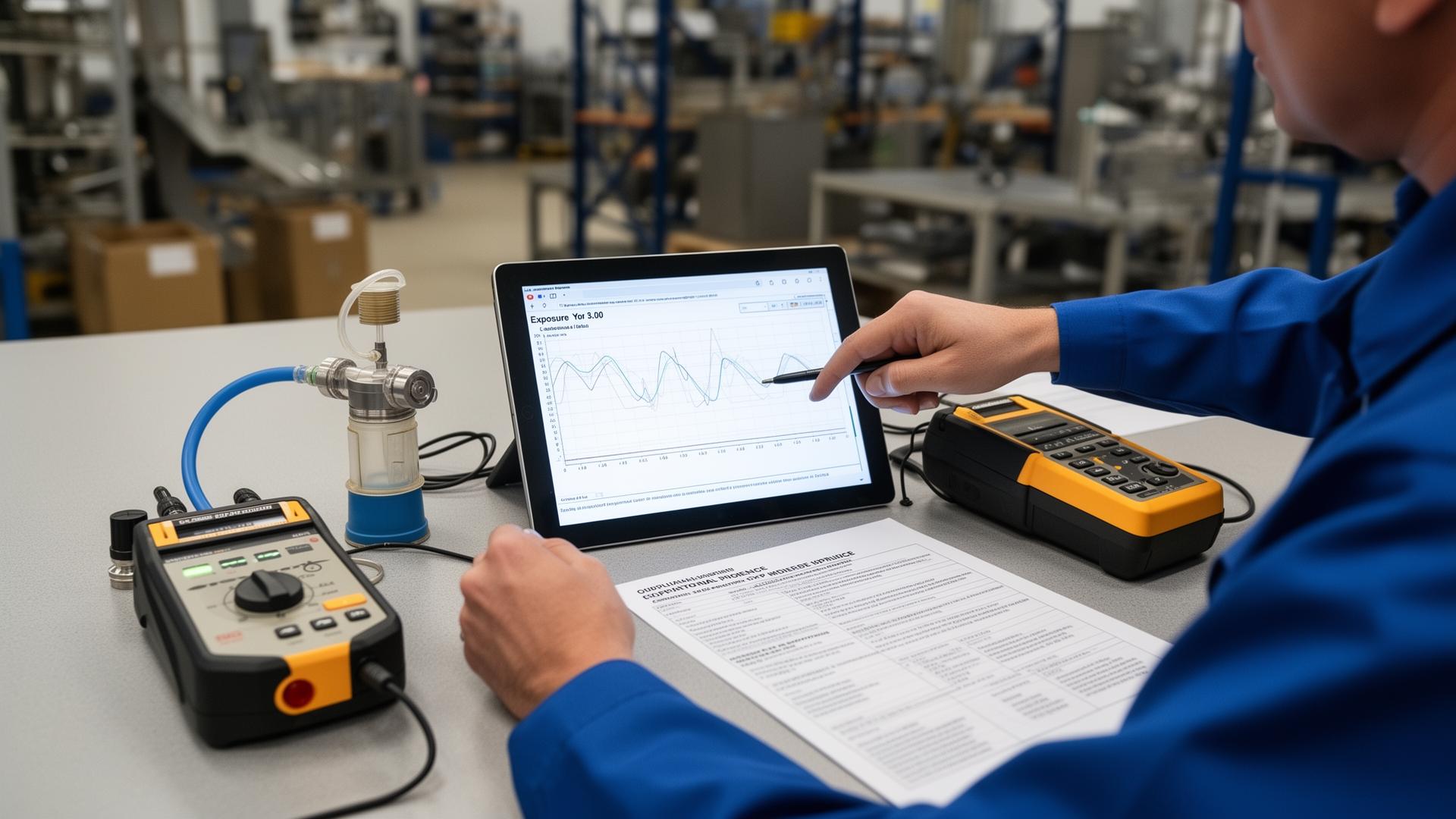 Occupational hygiene consultant reviewing exposure monitoring results